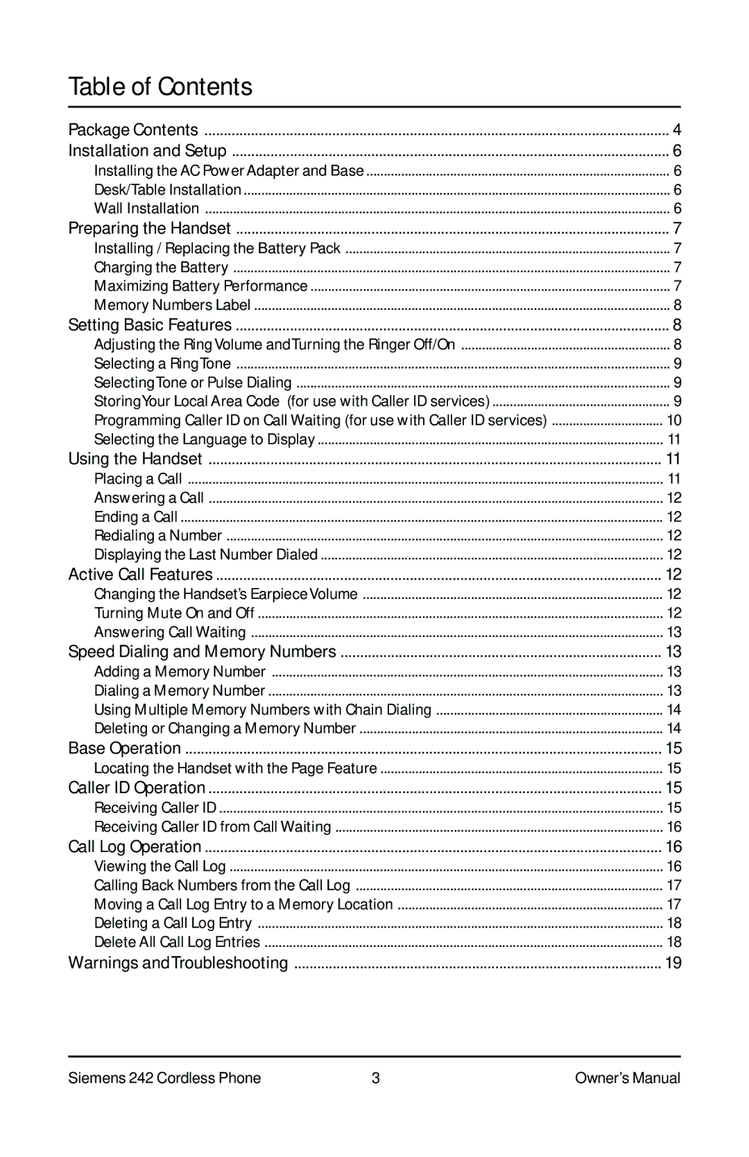 Siemens 242 owner manual Table of Contents 