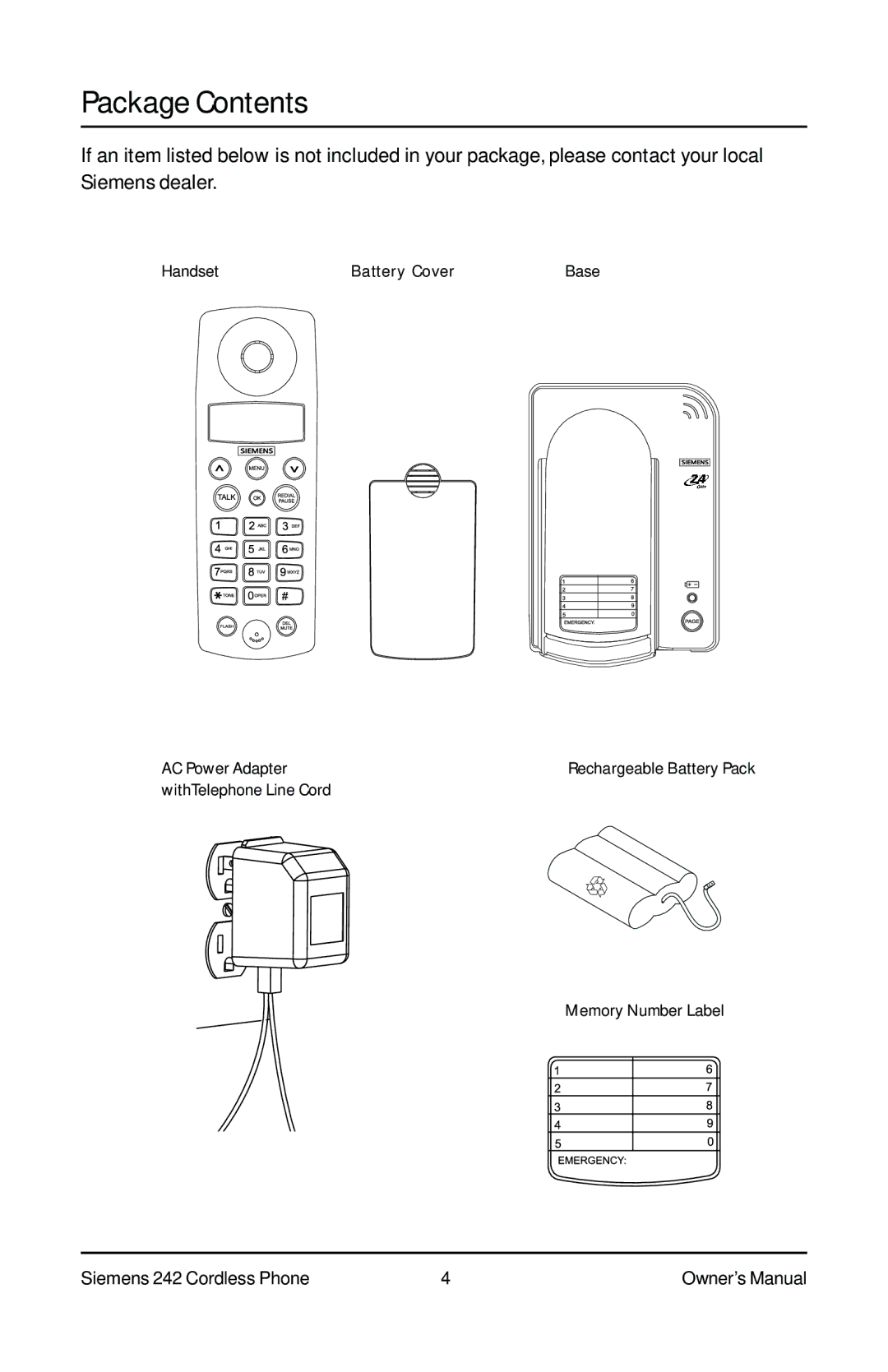 Siemens 242 owner manual Package Contents 