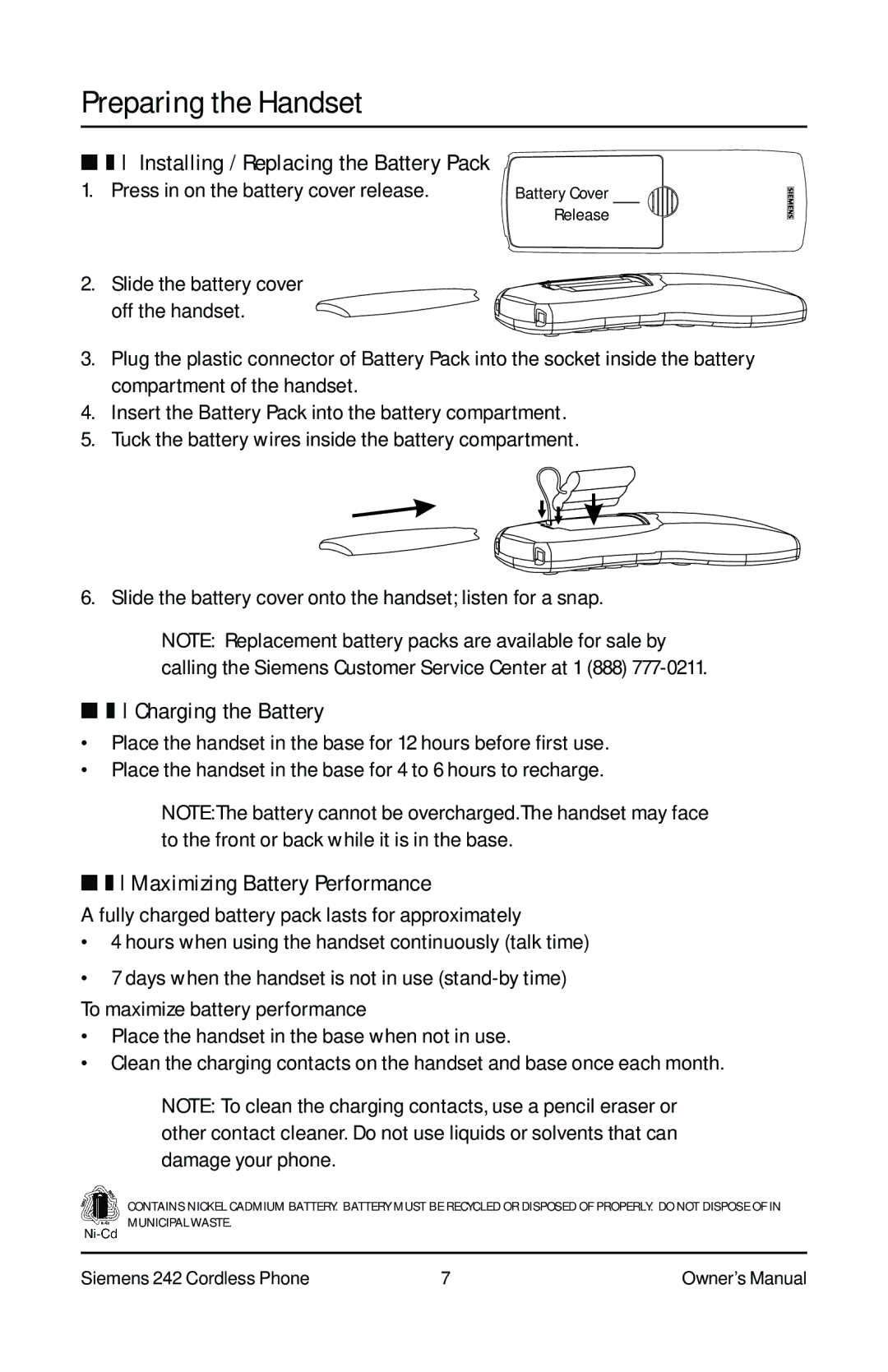 Siemens 242 owner manual Preparing the Handset, Installing / Replacing the Battery Pack 