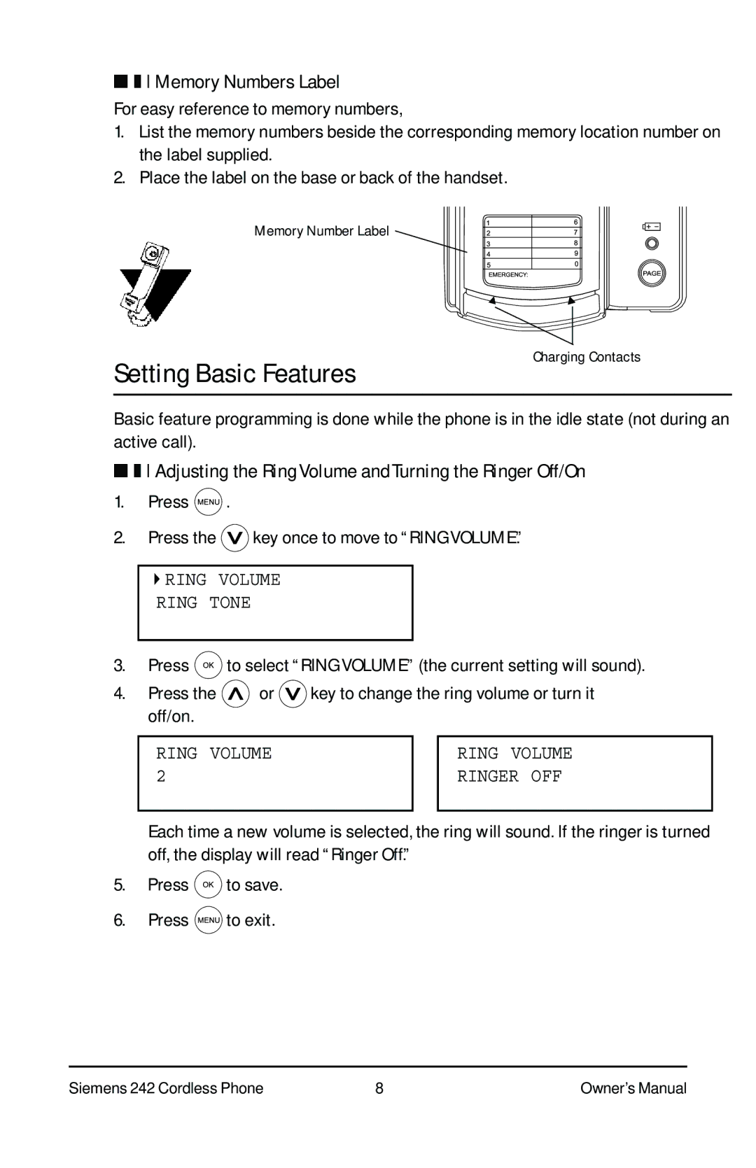 Siemens 242 Setting Basic Features, Memory Numbers Label, Adjusting the Ring Volume and Turning the Ringer Off/On 