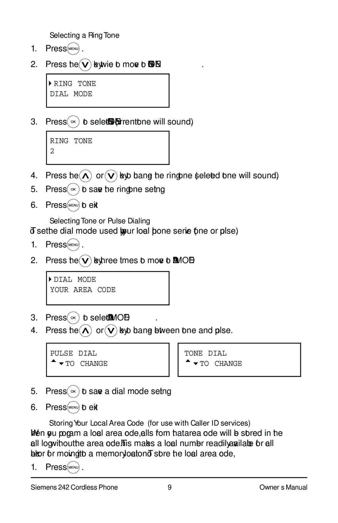 Siemens 242 owner manual Selecting a Ring Tone, Selecting Tone or Pulse Dialing 