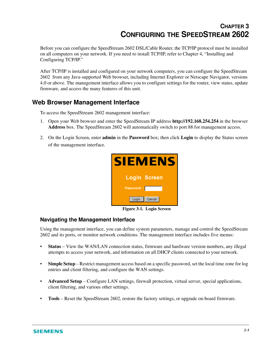 Siemens 2602 manual Configuring the Speedstream, Web Browser Management Interface, Navigating the Management Interface 