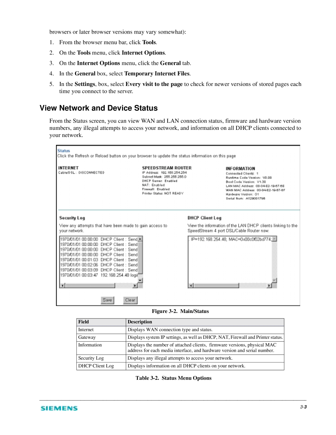 Siemens 2602 manual View Network and Device Status, On the Tools menu, click Internet Options, Field Description 