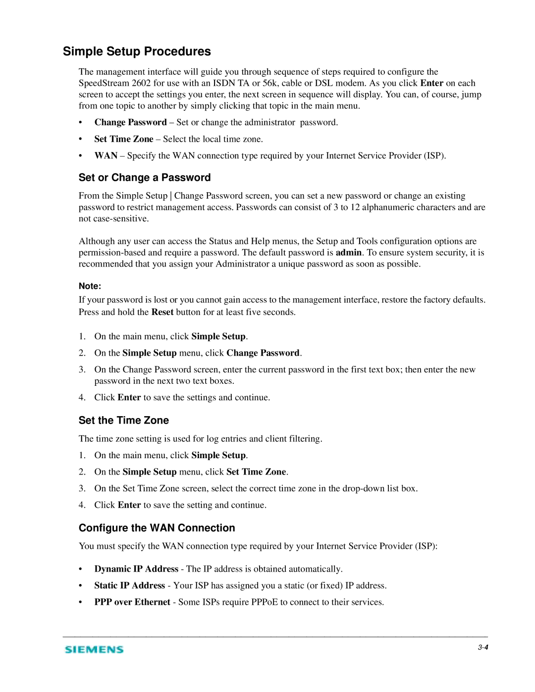 Siemens 2602 manual Simple Setup Procedures, Set or Change a Password, Set the Time Zone, Configure the WAN Connection 