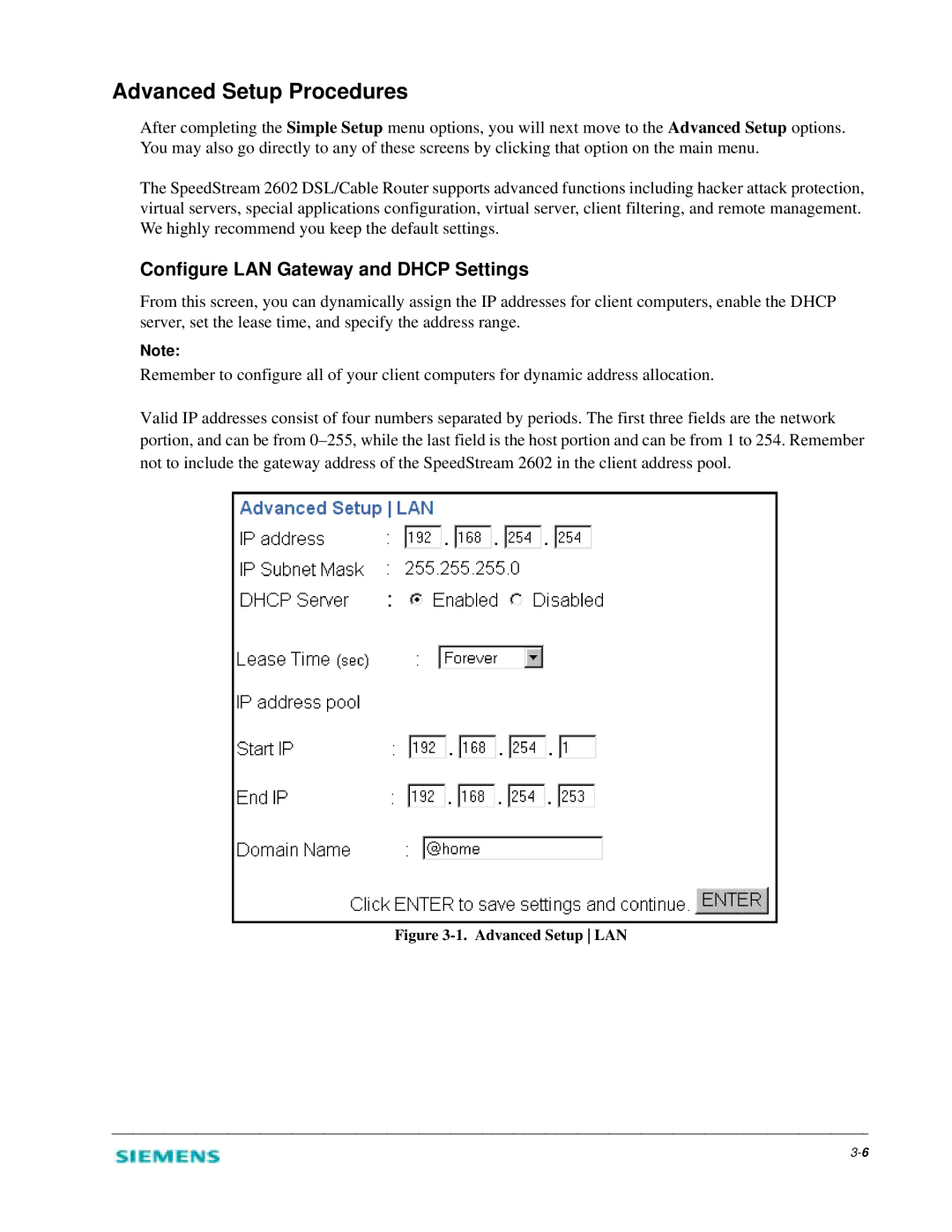 Siemens 2602 manual Advanced Setup Procedures, Configure LAN Gateway and Dhcp Settings 