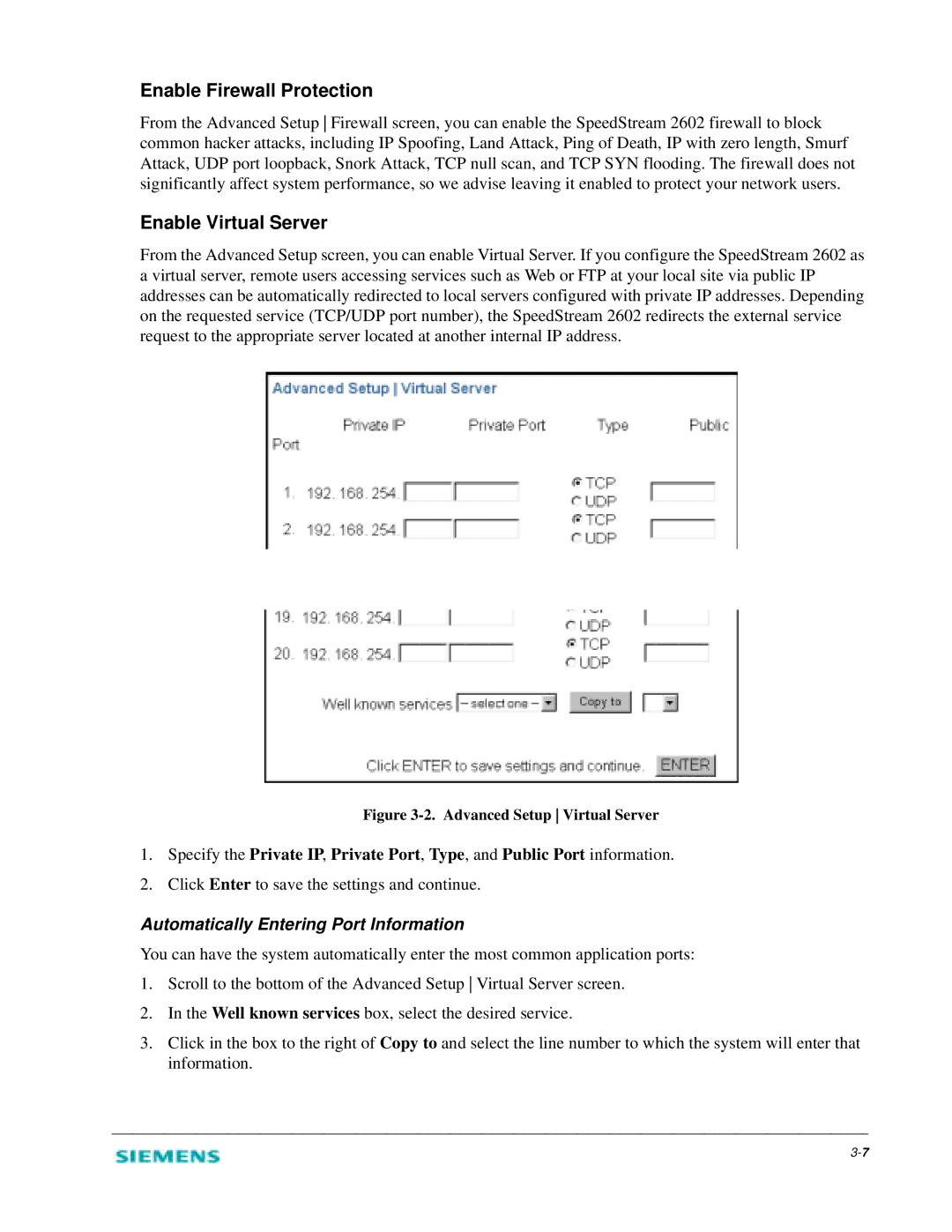 Siemens 2602 manual Enable Firewall Protection, Enable Virtual Server 