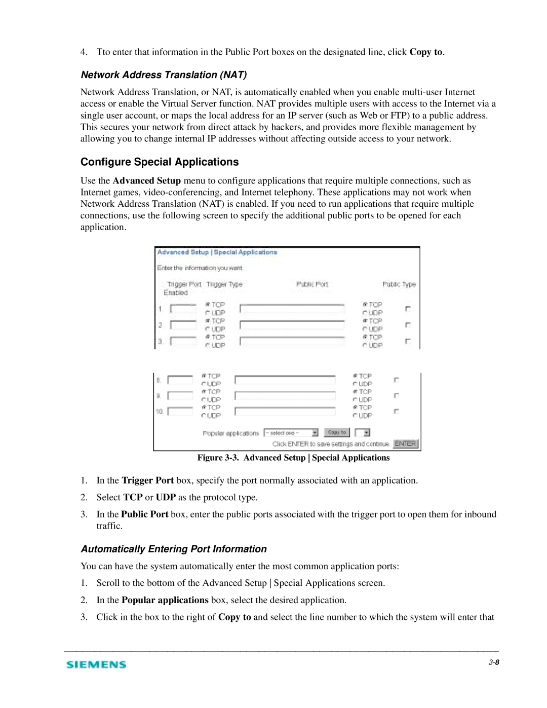 Siemens 2602 manual Configure Special Applications, Network Address Translation NAT 