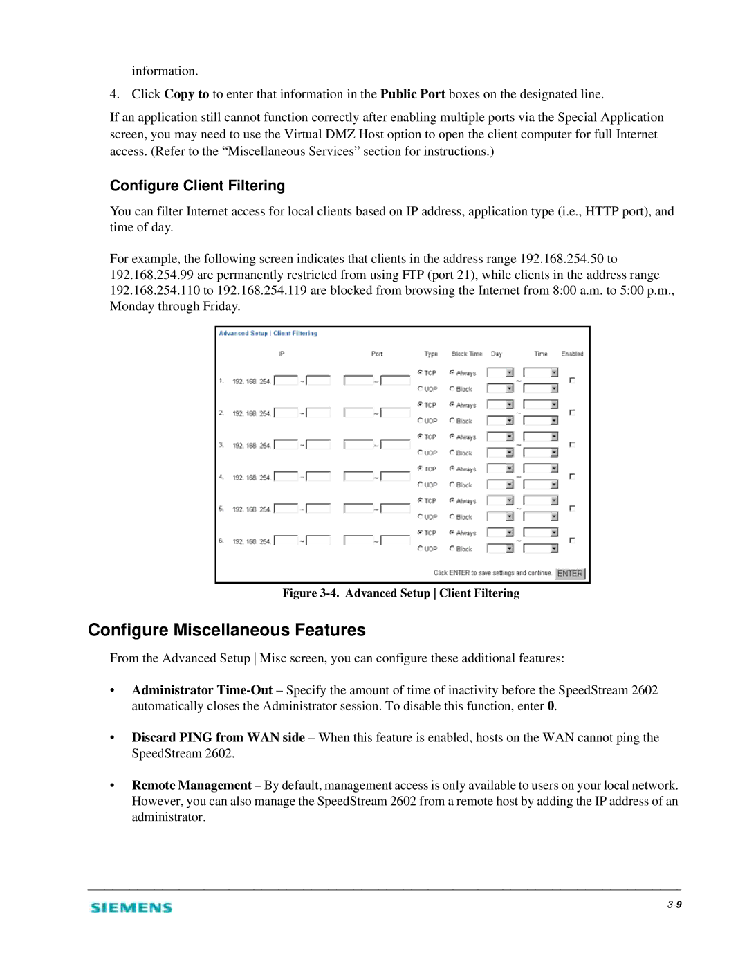 Siemens 2602 manual Configure Miscellaneous Features, Configure Client Filtering 