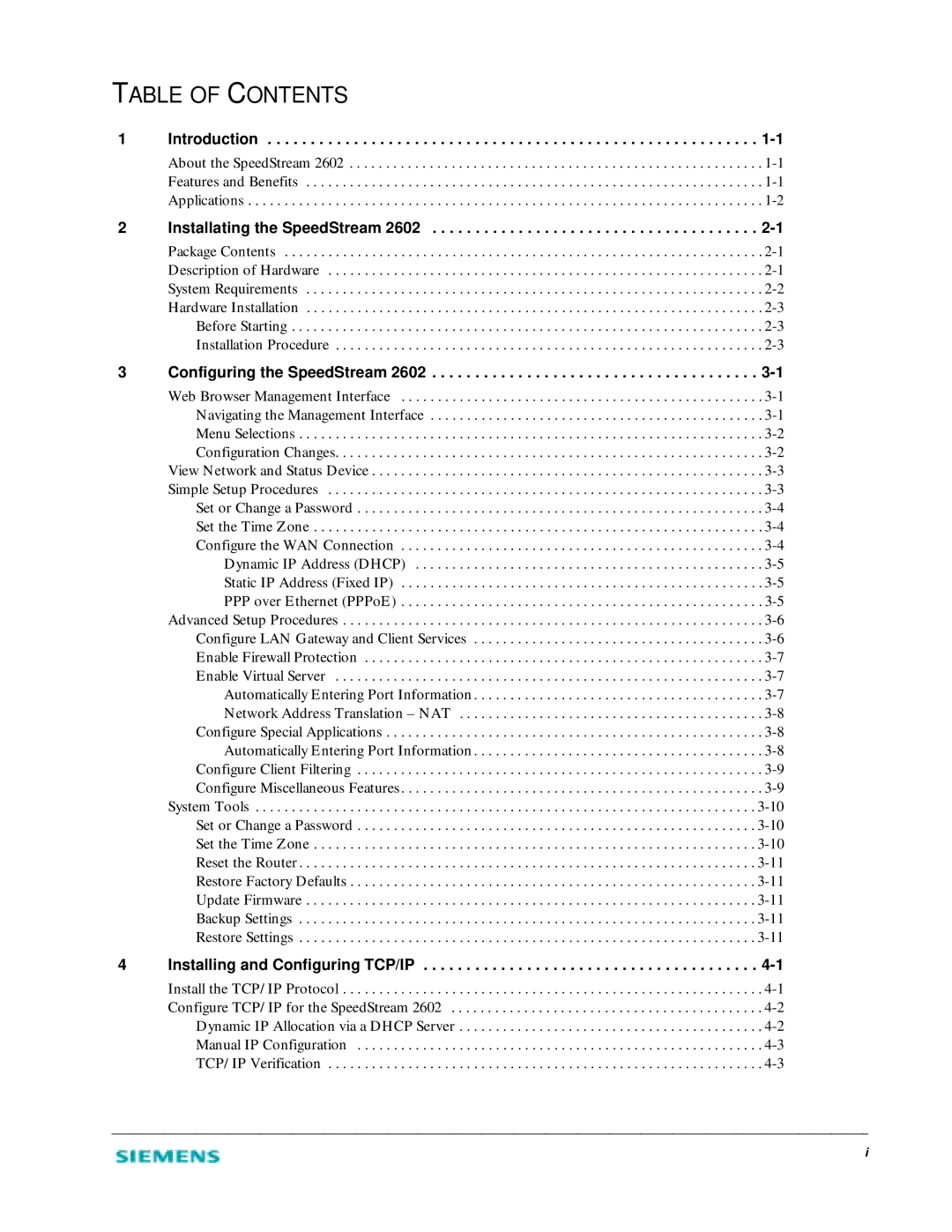 Siemens 2602 manual Table of Contents 