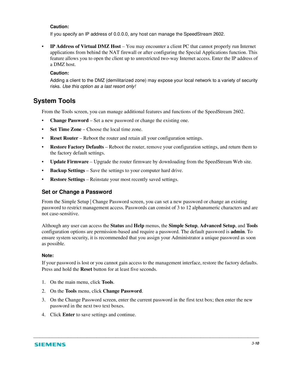 Siemens 2602 manual System Tools, On the Tools menu, click Change Password 