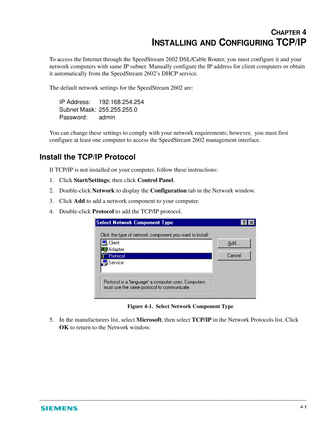 Siemens 2602 Installing and Configuring TCP/IP, Install the TCP/IP Protocol, Click Start/Settings then click Control Panel 