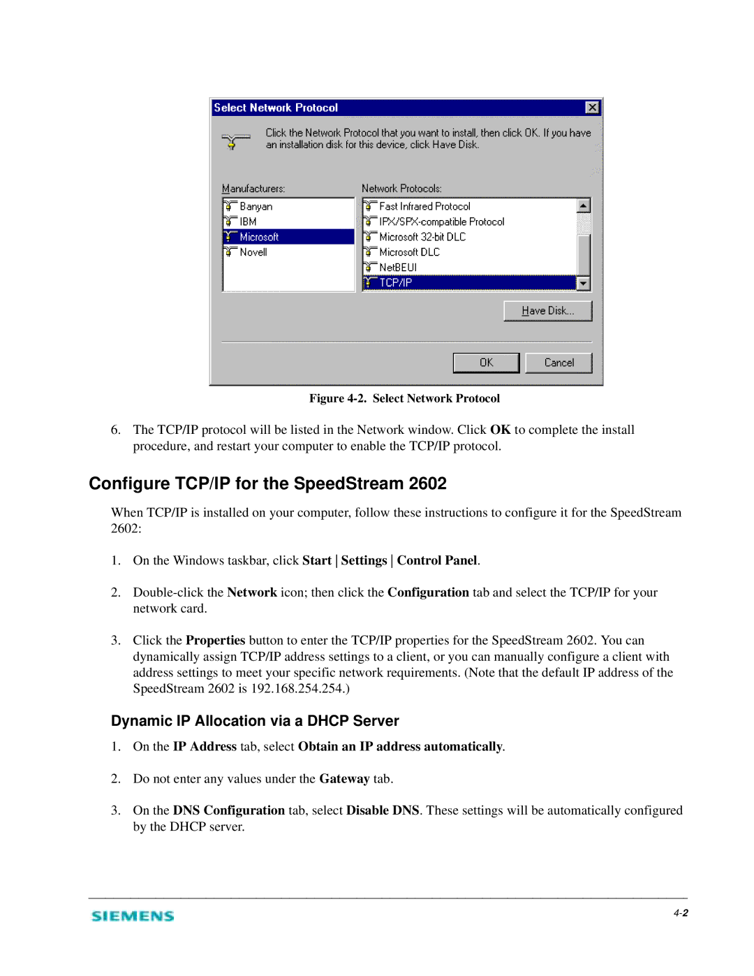 Siemens 2602 manual Configure TCP/IP for the SpeedStream, Dynamic IP Allocation via a Dhcp Server 