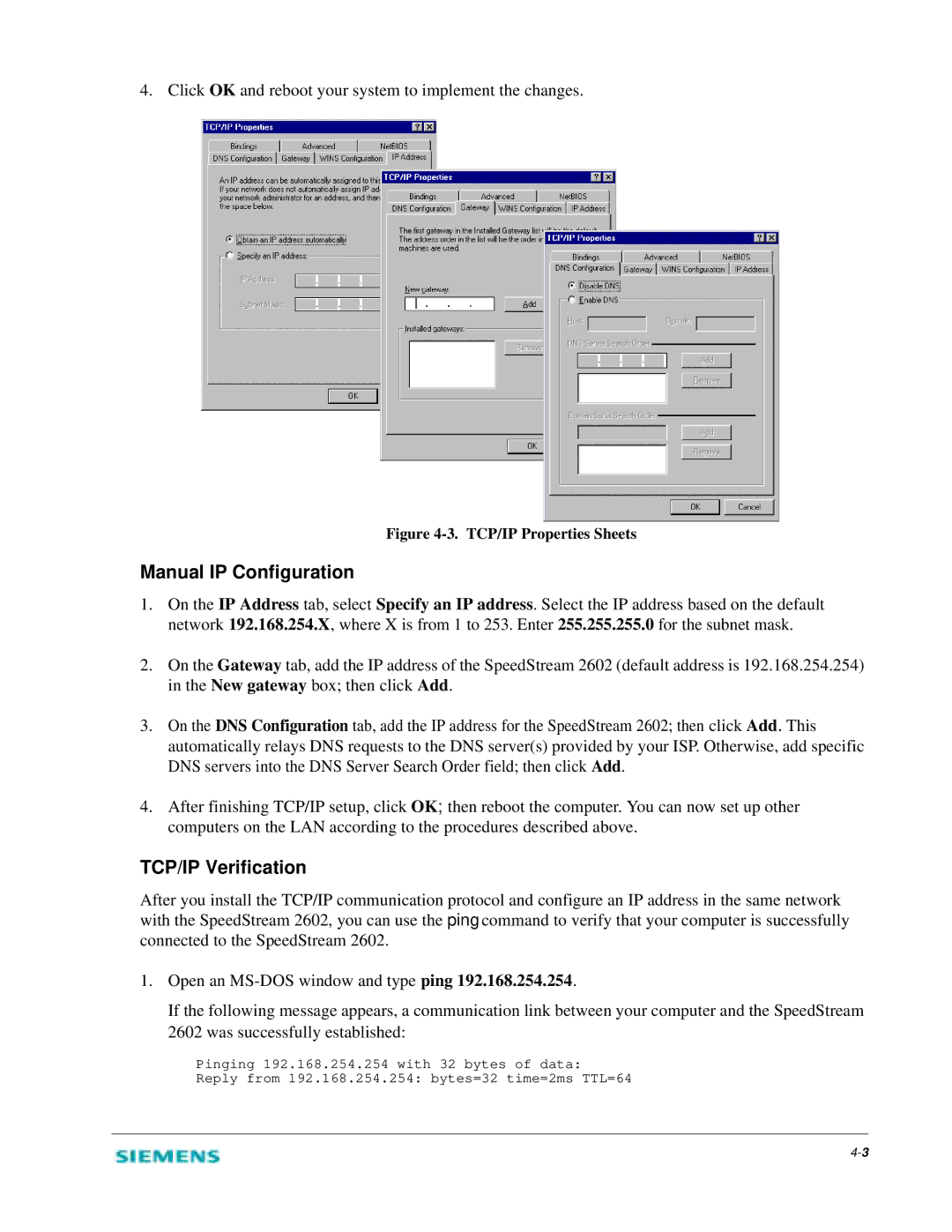 Siemens 2602 manual Manual IP Configuration, TCP/IP Verification 