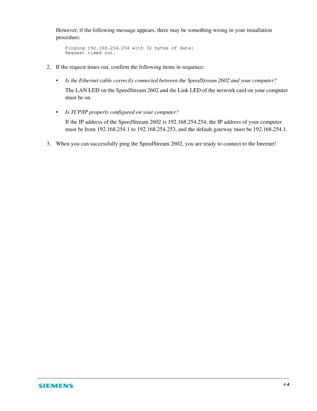 Siemens 2602 manual Is TCP/IP properly configured on your computer? 