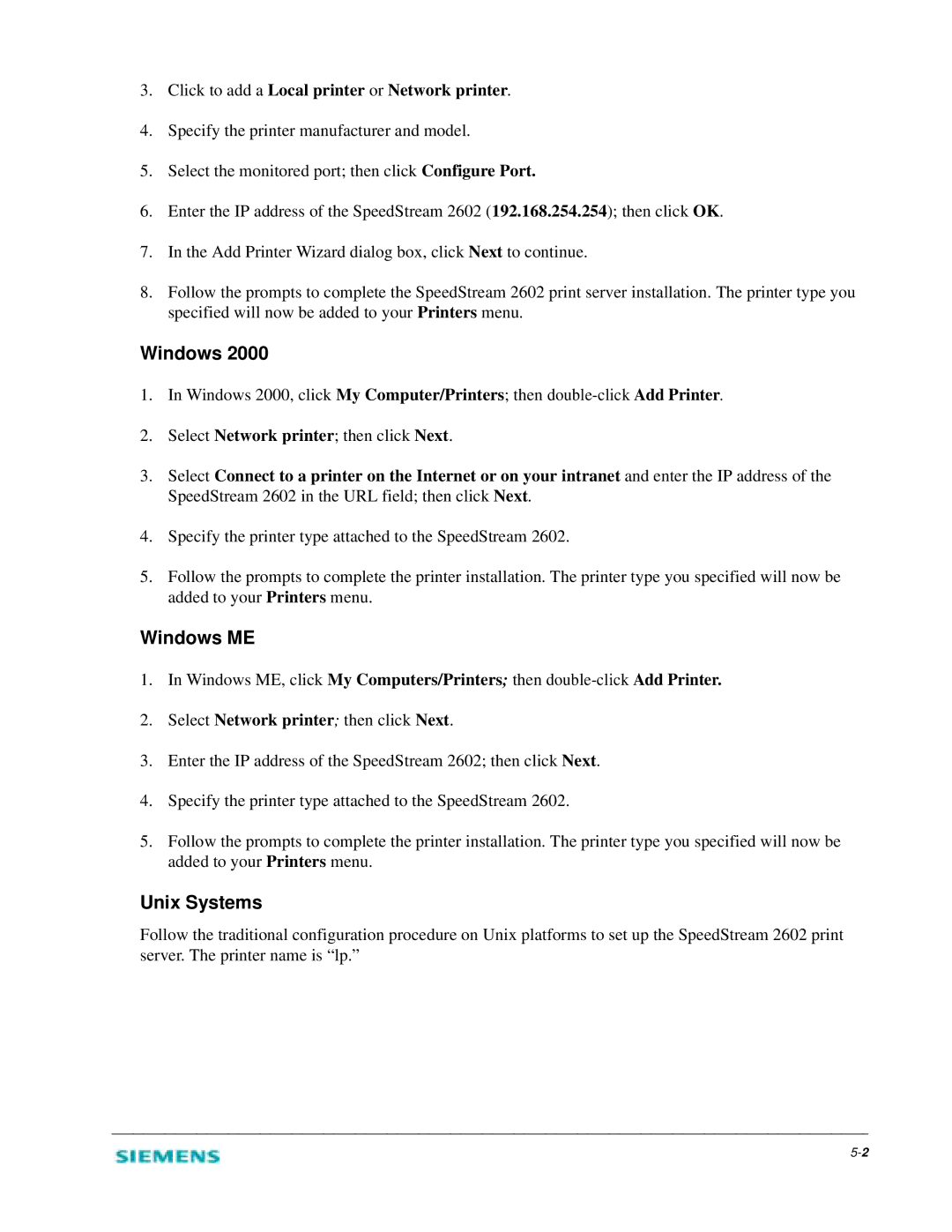 Siemens 2602 manual Windows ME, Unix Systems, Click to add a Local printer or Network printer 