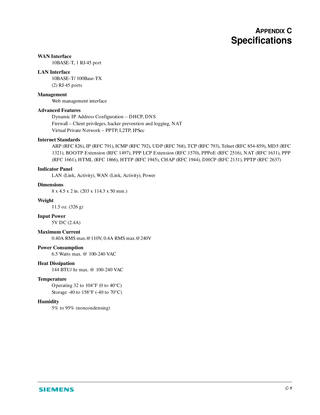 Siemens 2602 manual Specifications 