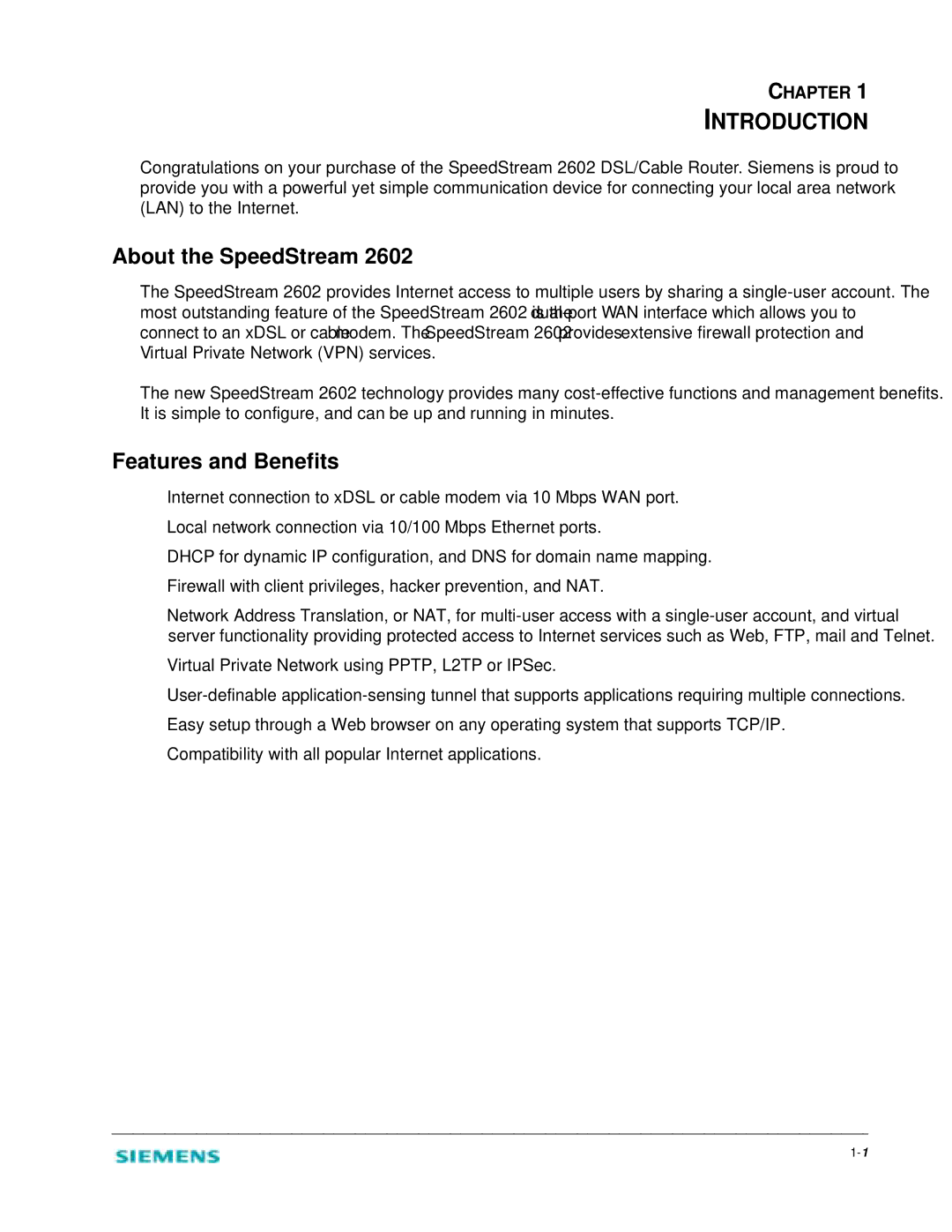 Siemens 2602 manual Introduction, About the SpeedStream, Features and Benefits 