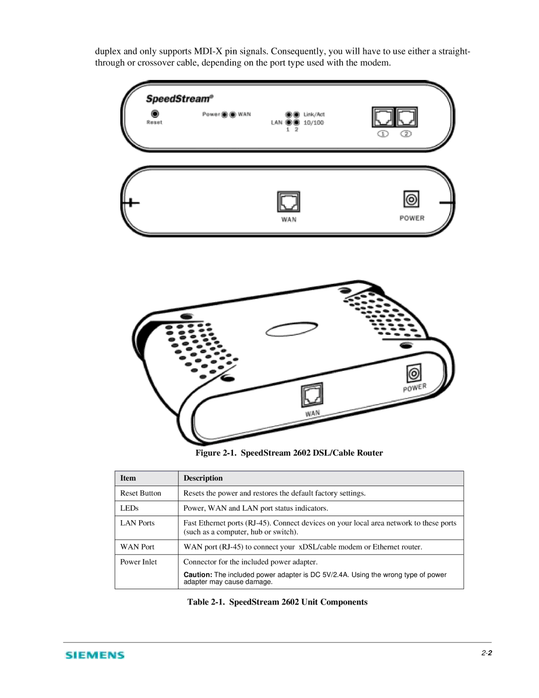 Siemens manual SpeedStream 2602 DSL/Cable Router, Description 