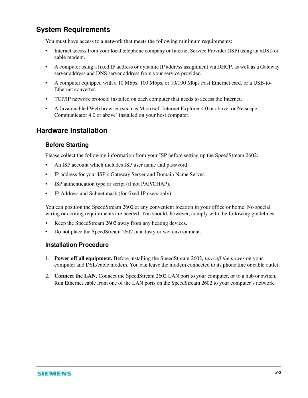 Siemens 2602 manual System Requirements, Hardware Installation, Before Starting, Installation Procedure 