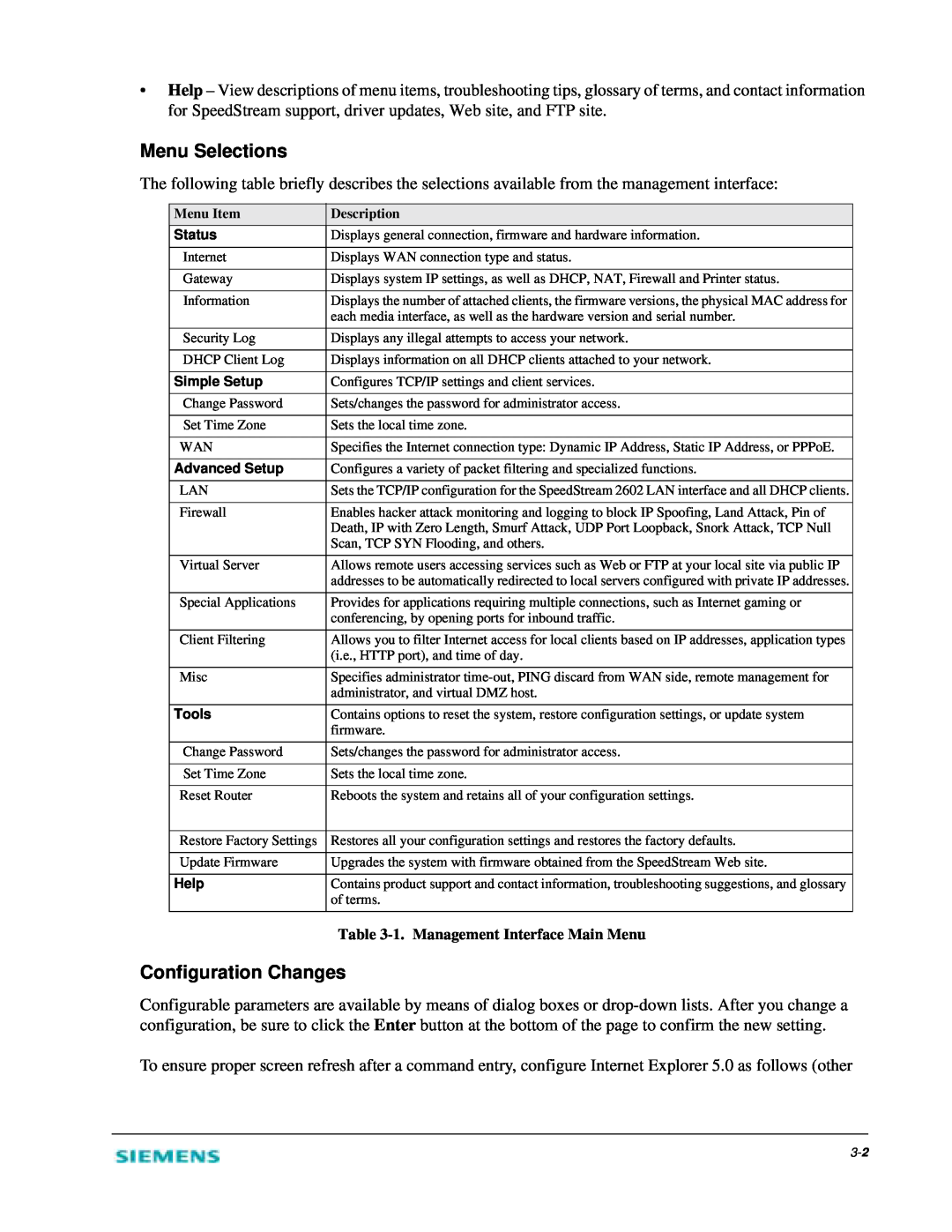 Siemens 2602 manual Menu Selections, Configuration Changes, 1. Management Interface Main Menu 