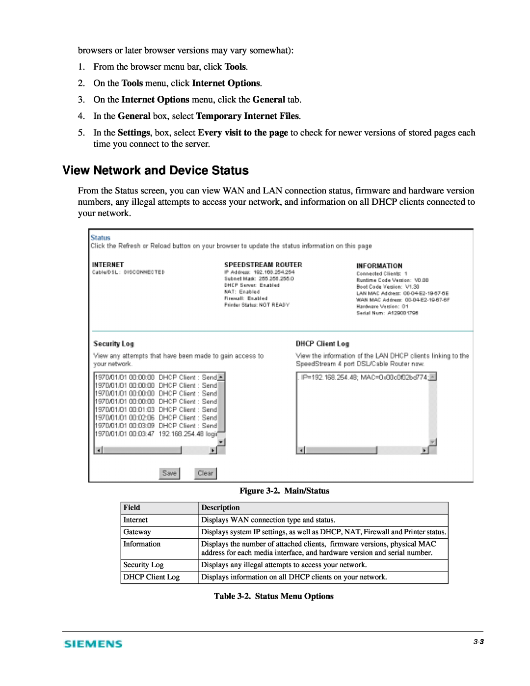 Siemens 2602 manual View Network and Device Status, On the Tools menu, click Internet Options 
