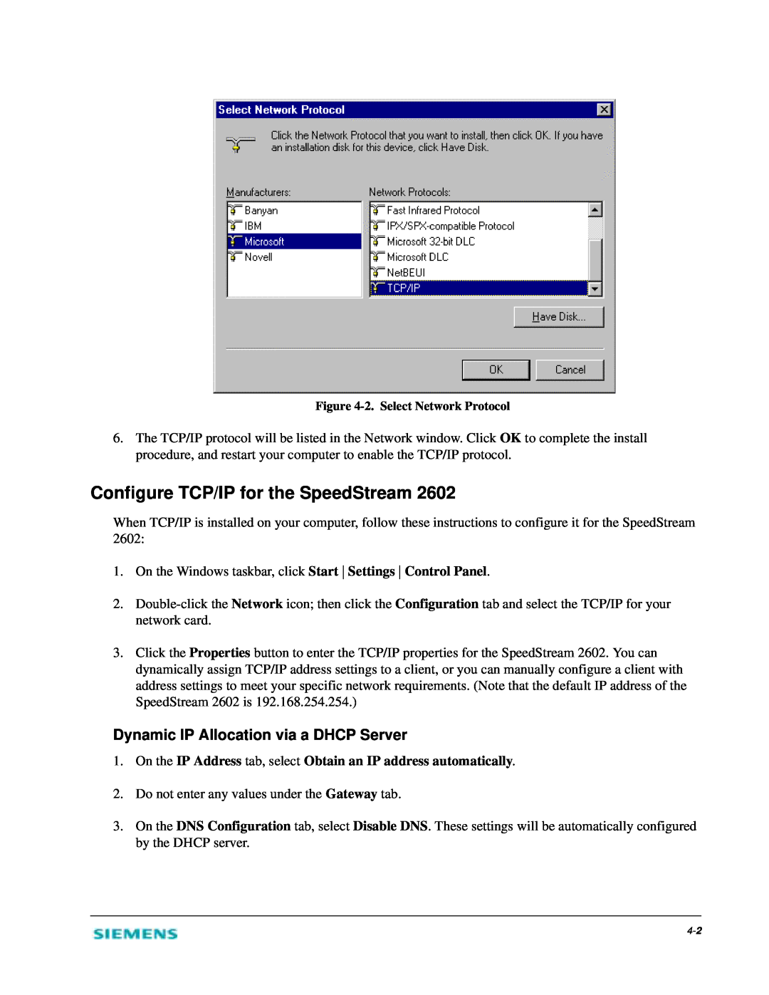 Siemens 2602 manual Configure TCP/IP for the SpeedStream, Dynamic IP Allocation via a DHCP Server 