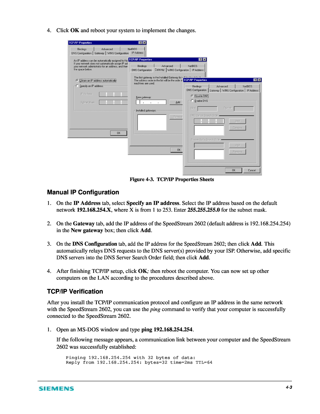 Siemens 2602 manual Manual IP Configuration, TCP/IP Verification 