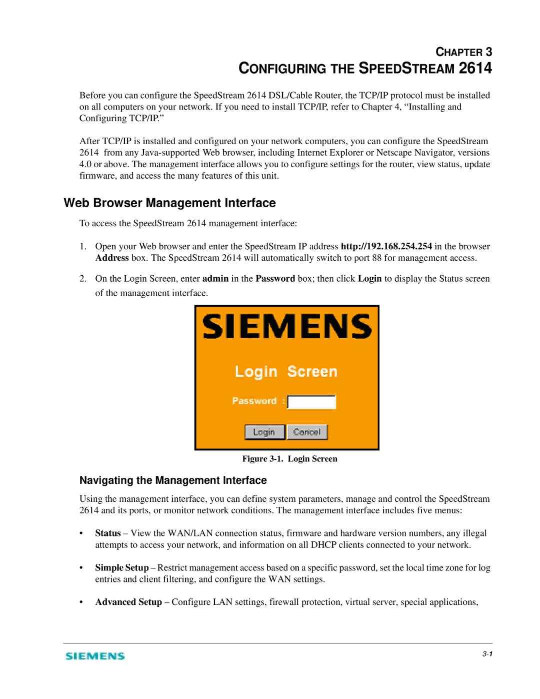 Siemens 2614 manual Configuring the Speedstream, Web Browser Management Interface, Navigating the Management Interface 