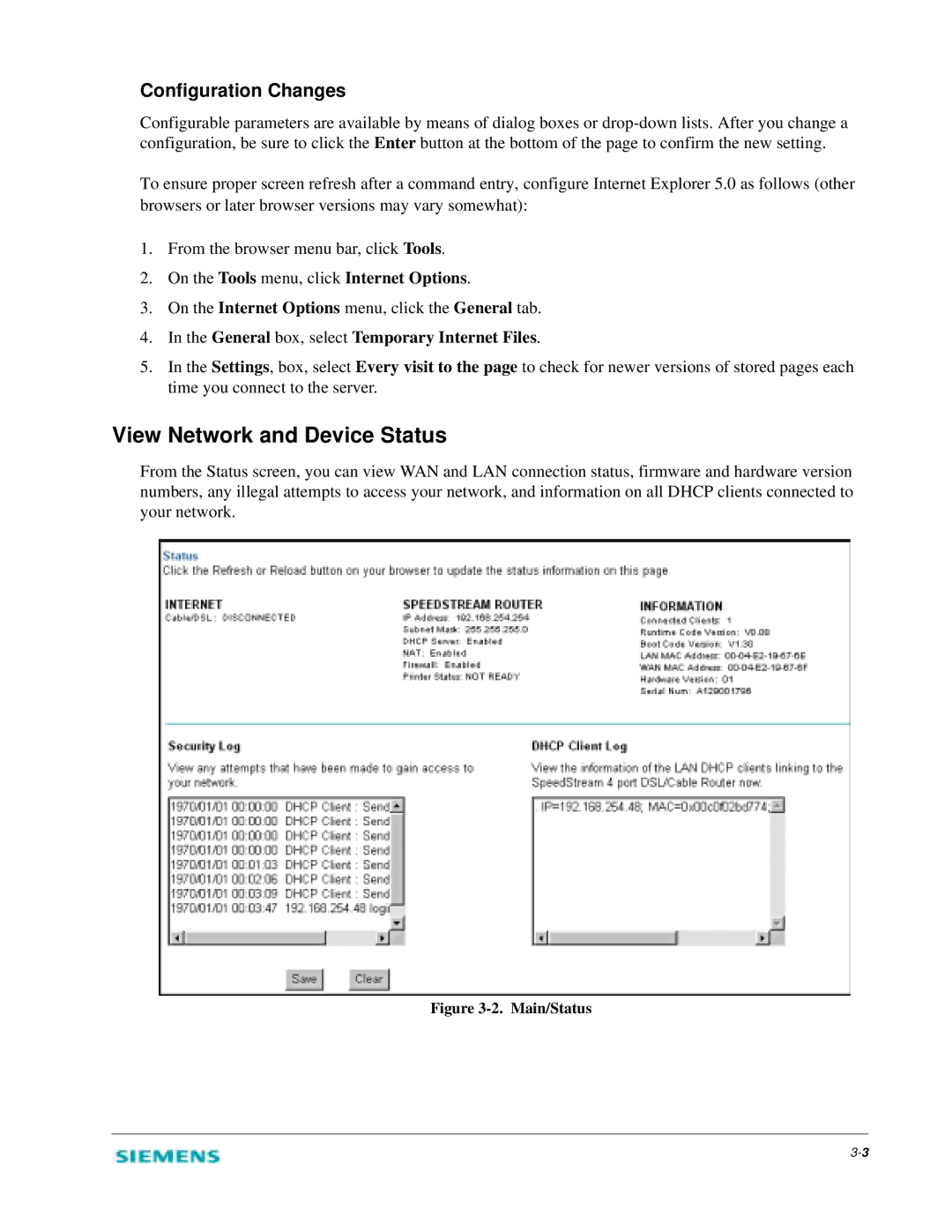 Siemens 2614 manual View Network and Device Status, Configuration Changes, On the Tools menu, click Internet Options 