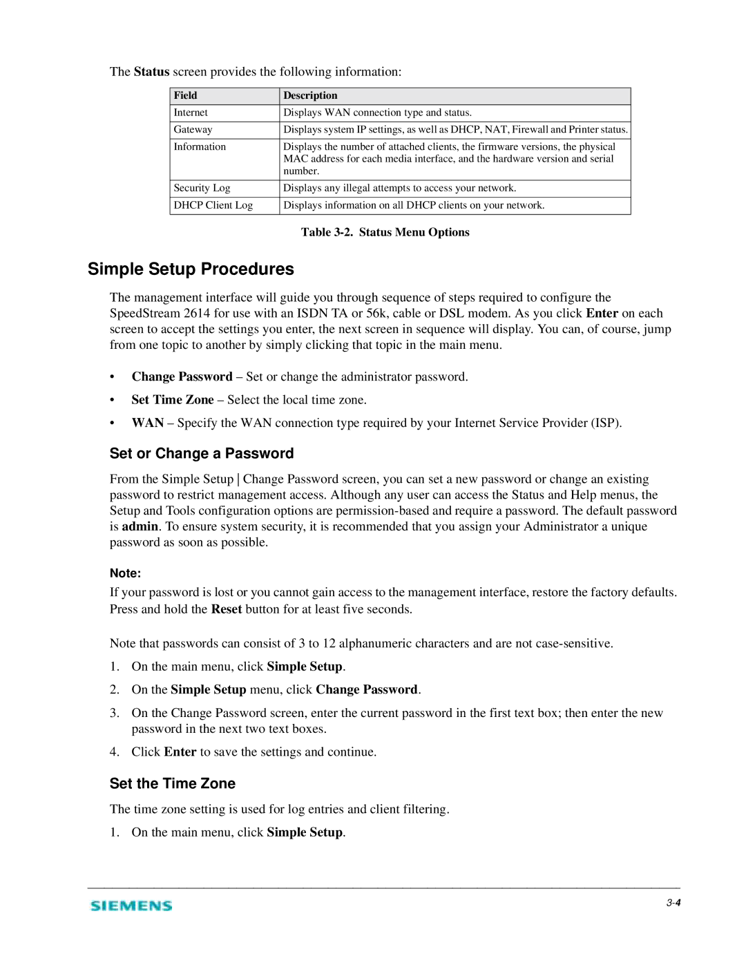 Siemens 2614 manual Simple Setup Procedures, Set or Change a Password, Set the Time Zone 