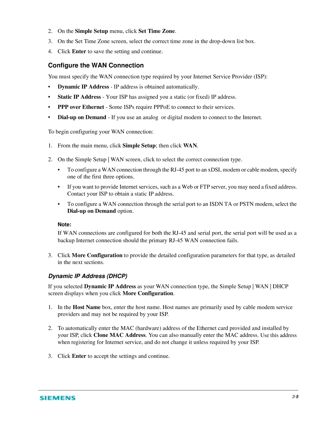 Siemens 2614 manual Configure the WAN Connection, On the Simple Setup menu, click Set Time Zone 