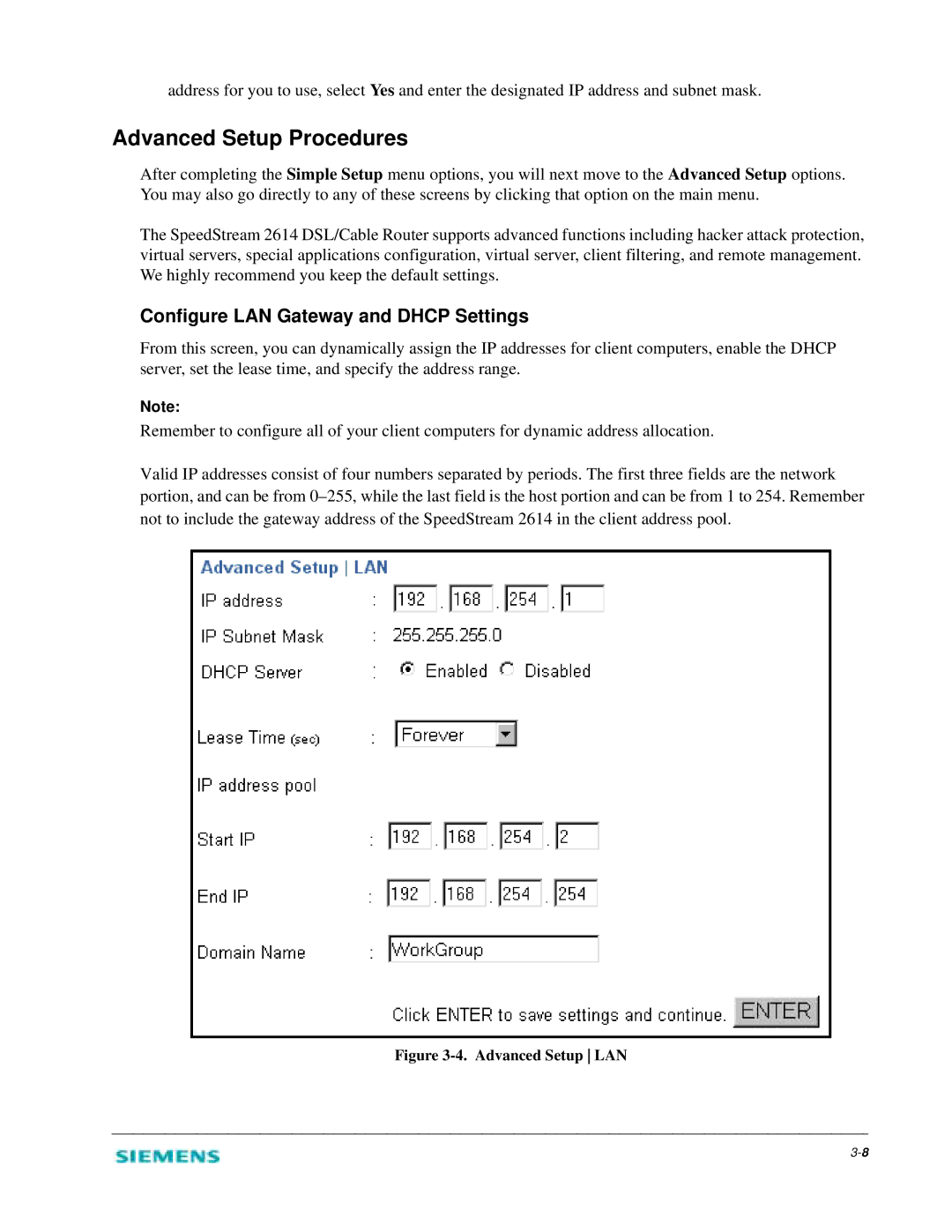 Siemens 2614 manual Advanced Setup Procedures, Configure LAN Gateway and Dhcp Settings 