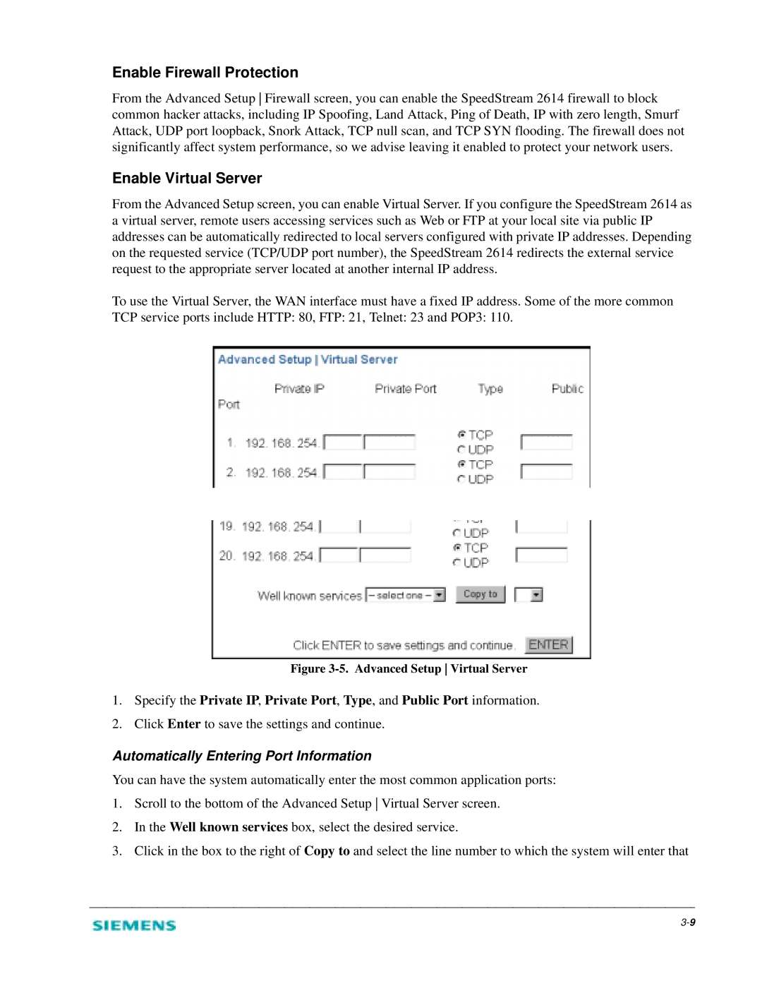 Siemens 2614 manual Enable Firewall Protection, Enable Virtual Server 