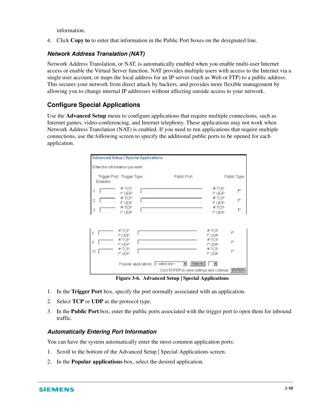 Siemens 2614 manual Configure Special Applications, Network Address Translation NAT 