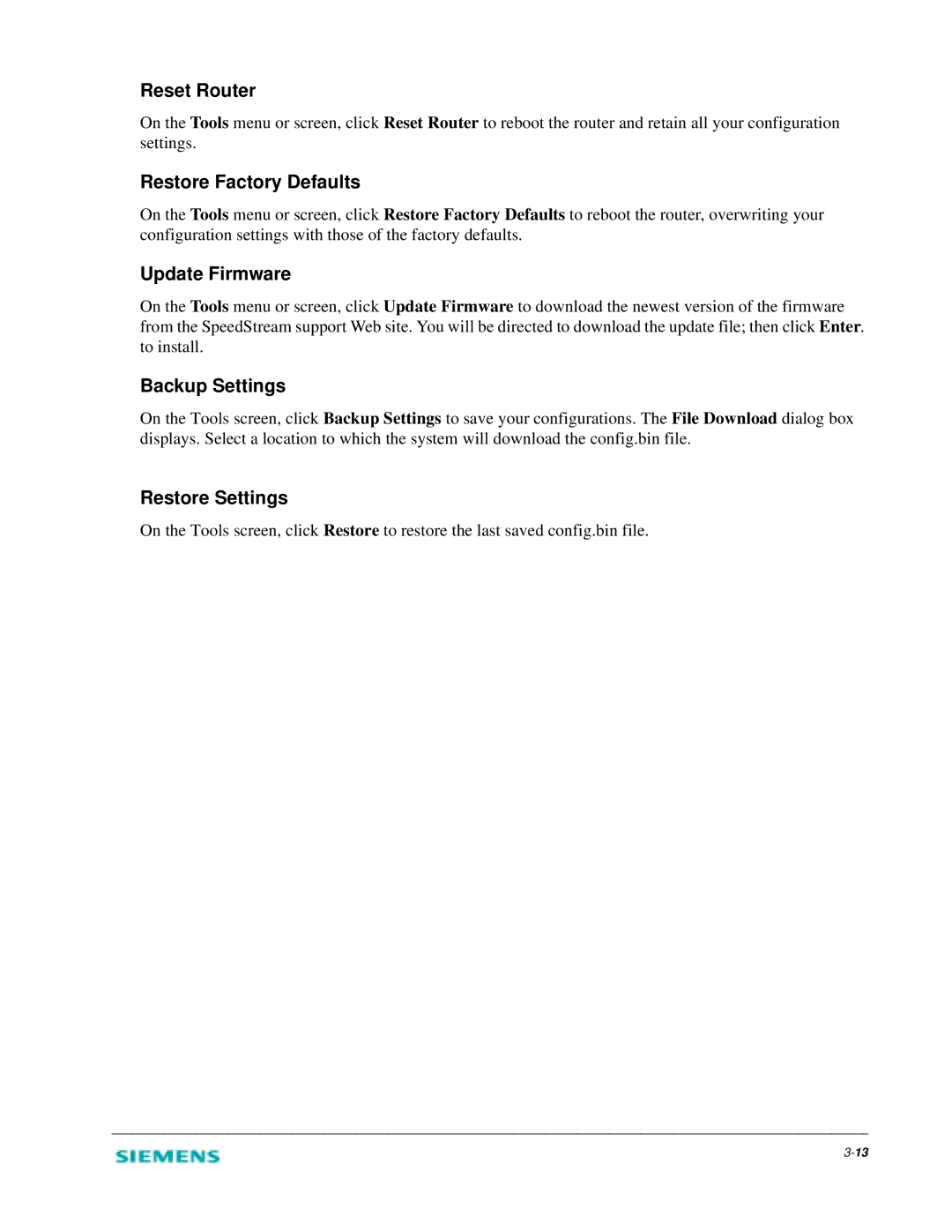 Siemens 2614 manual Reset Router, Restore Factory Defaults, Update Firmware, Backup Settings, Restore Settings 