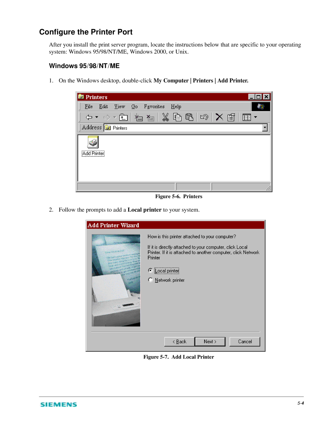 Siemens 2614 manual Configure the Printer Port, Windows 95/98/NT/ME 