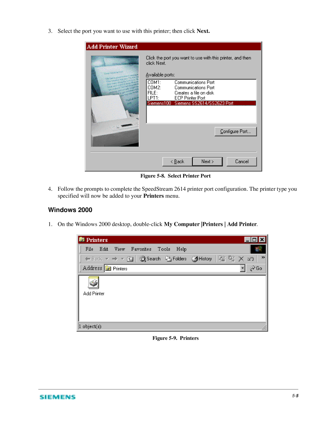 Siemens 2614 manual Windows, Select Printer Port 