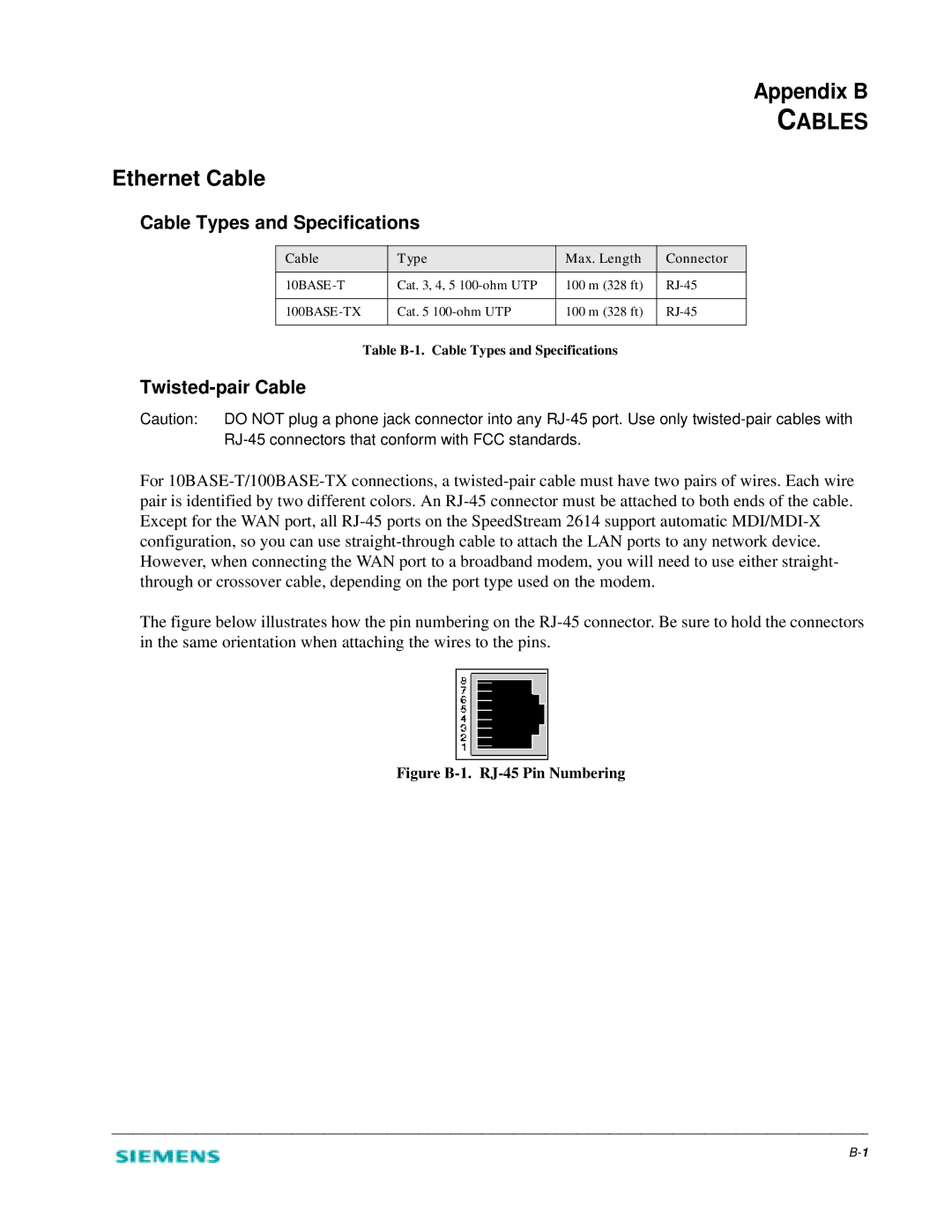 Siemens 2614 manual Appendix B, Cables, Ethernet Cable, Cable Types and Specifications, Twisted-pair Cable 