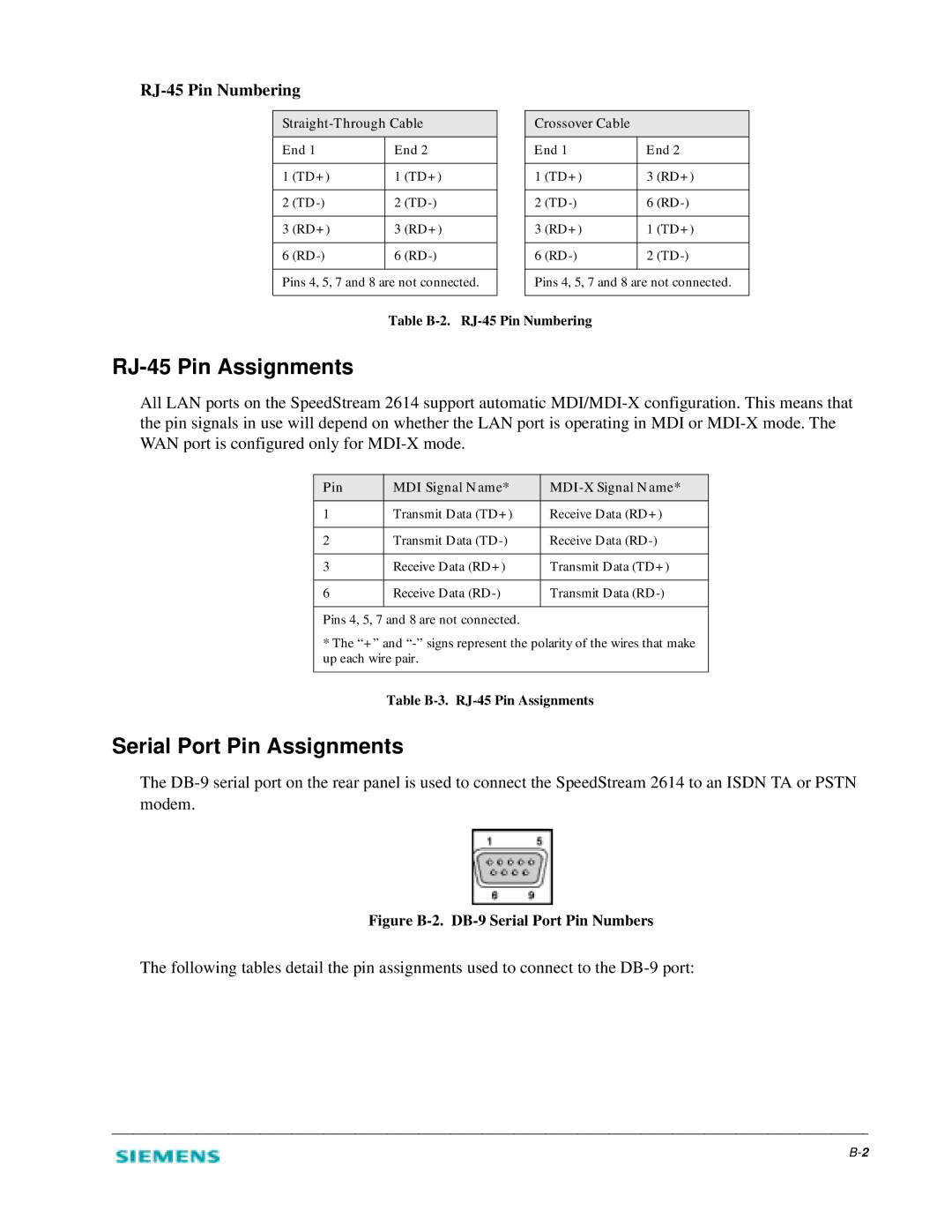 Siemens 2614 manual RJ-45 Pin Assignments, Serial Port Pin Assignments, RJ-45 Pin Numbering 