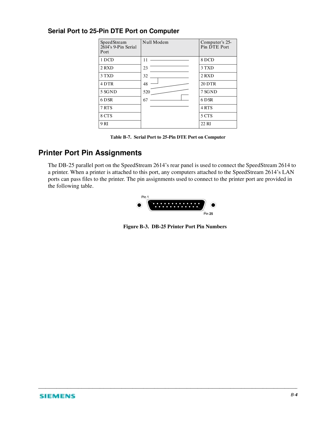 Siemens 2614 manual Printer Port Pin Assignments, Serial Port to 25-Pin DTE Port on Computer 