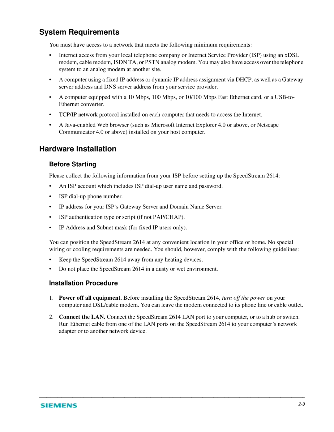 Siemens 2614 manual System Requirements, Hardware Installation, Before Starting, Installation Procedure 