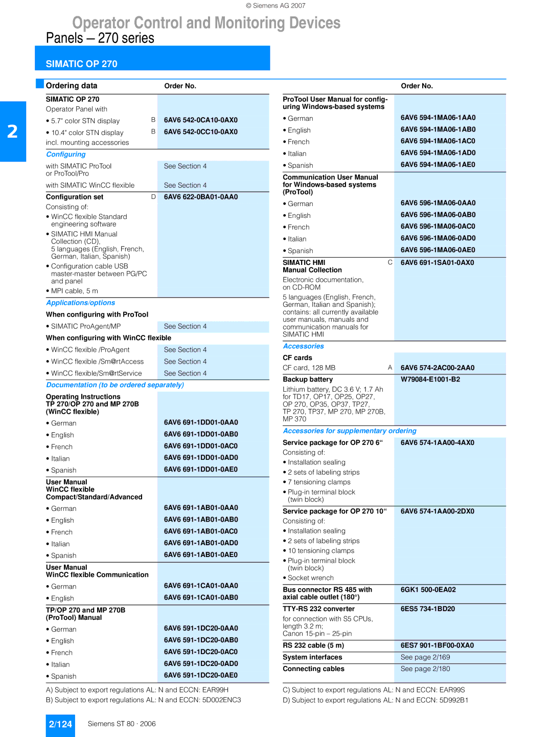 Siemens manual Simatic OP, 6AV6 542-0CA10-0AX0, 6AV6 542-0CC10-0AX0, For TD17, OP17, OP25, OP27 OP 270, OP35, OP37, TP27 