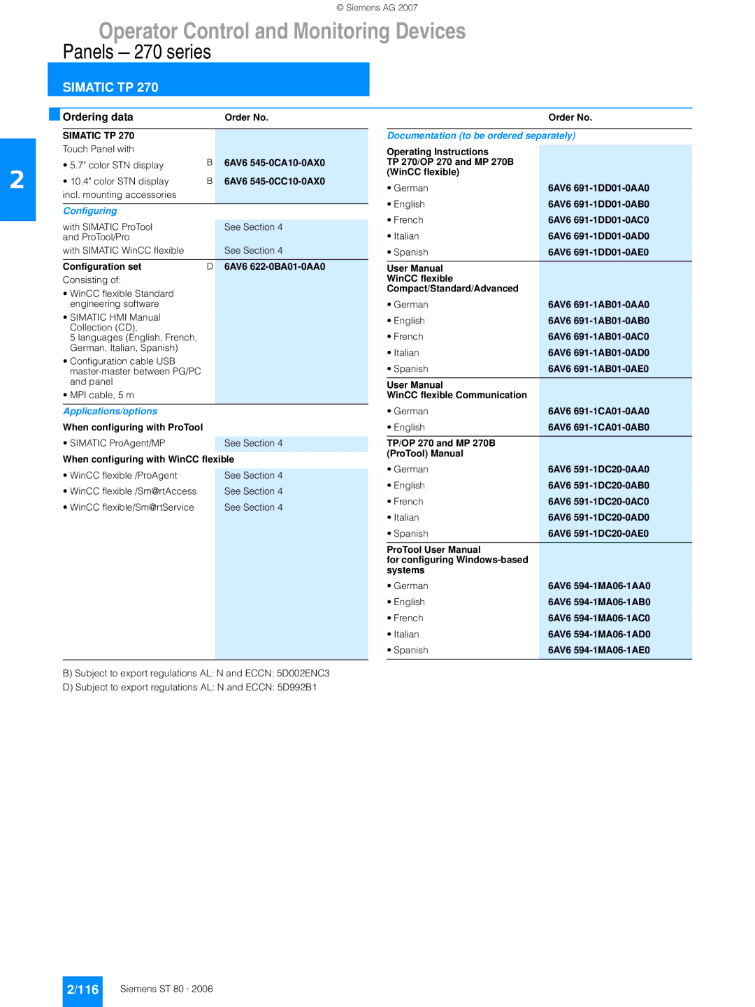 Siemens 270 manual Ordering data, Simatic TP 