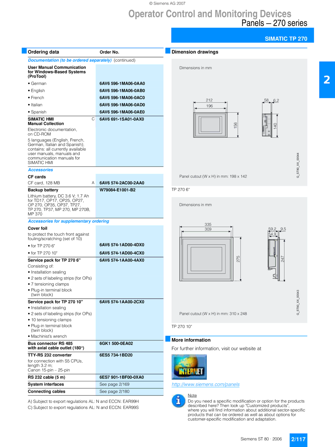 Siemens 270 manual Dimension drawings, More information, Simatic HMI, 6AV6 691-1SA01-0AX0 