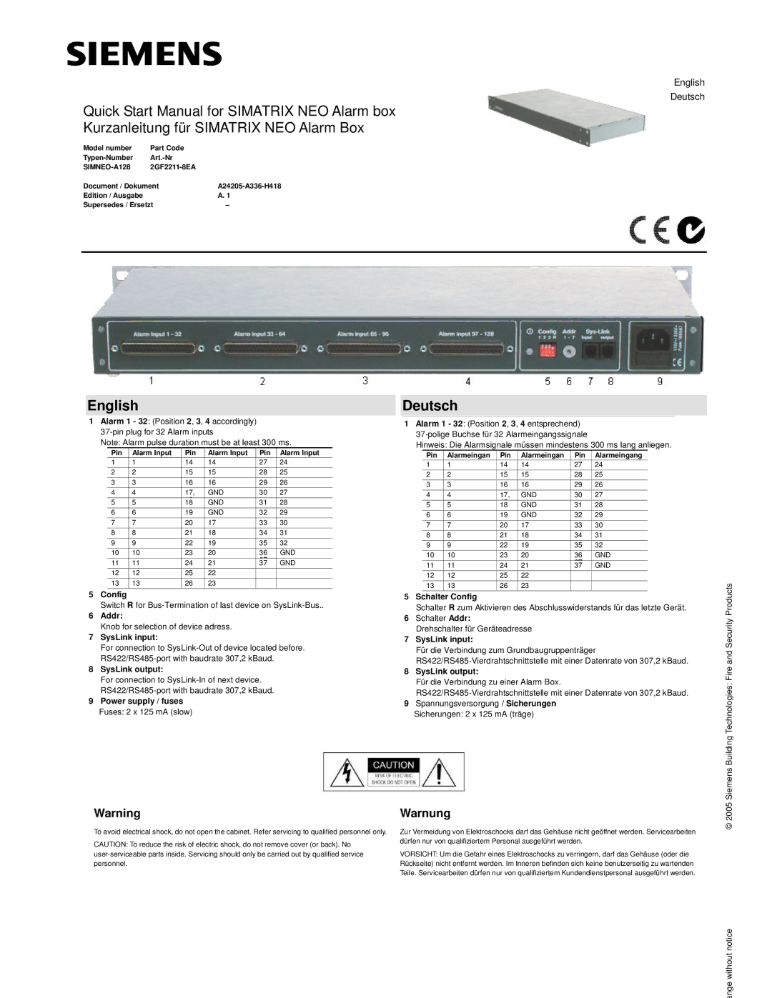 Siemens 2GF2211-8EA quick start manual Warnung 