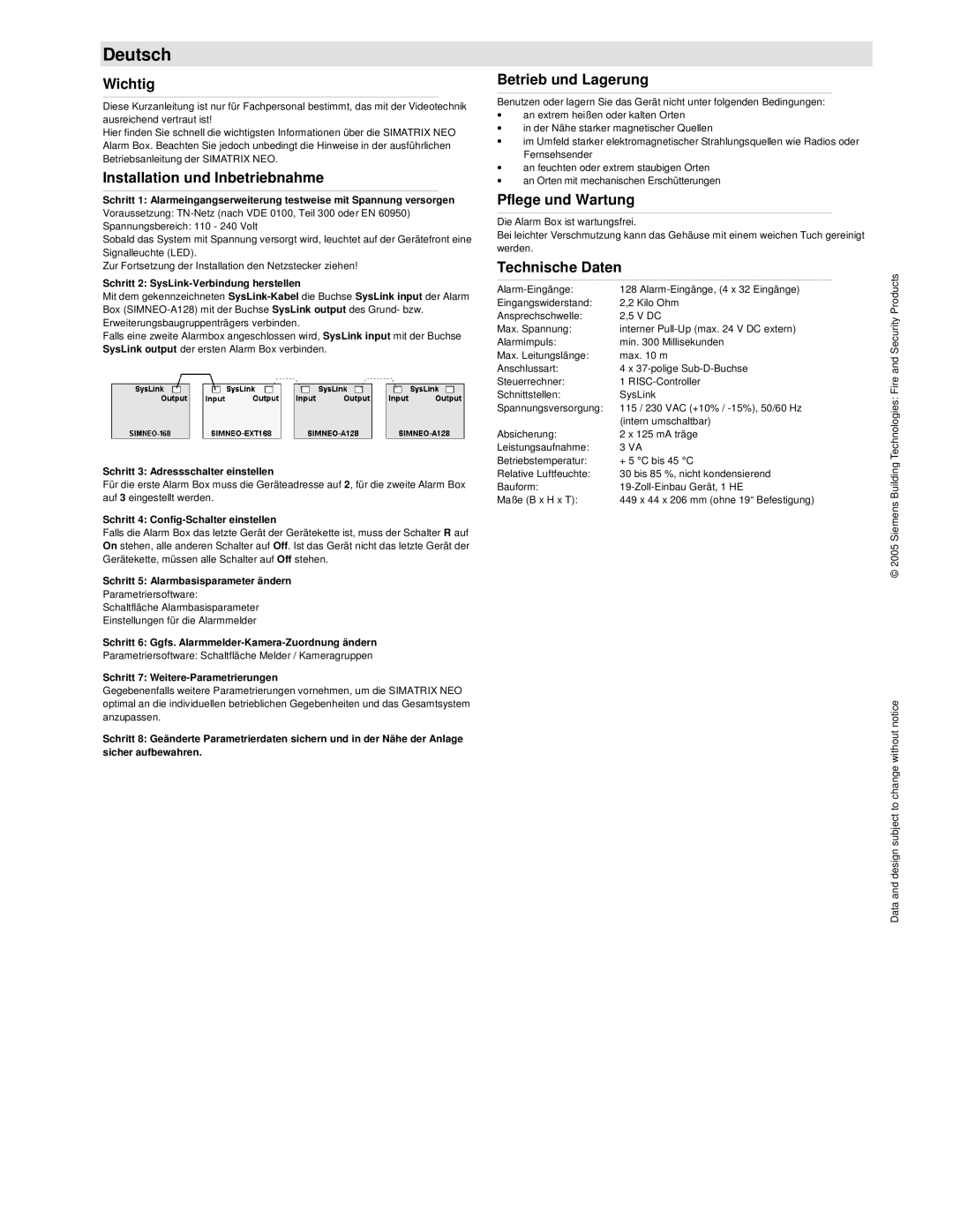 Siemens 2GF2211-8EA Wichtig, Installation und Inbetriebnahme, Betrieb und Lagerung, Pflege und Wartung, Technische Daten 