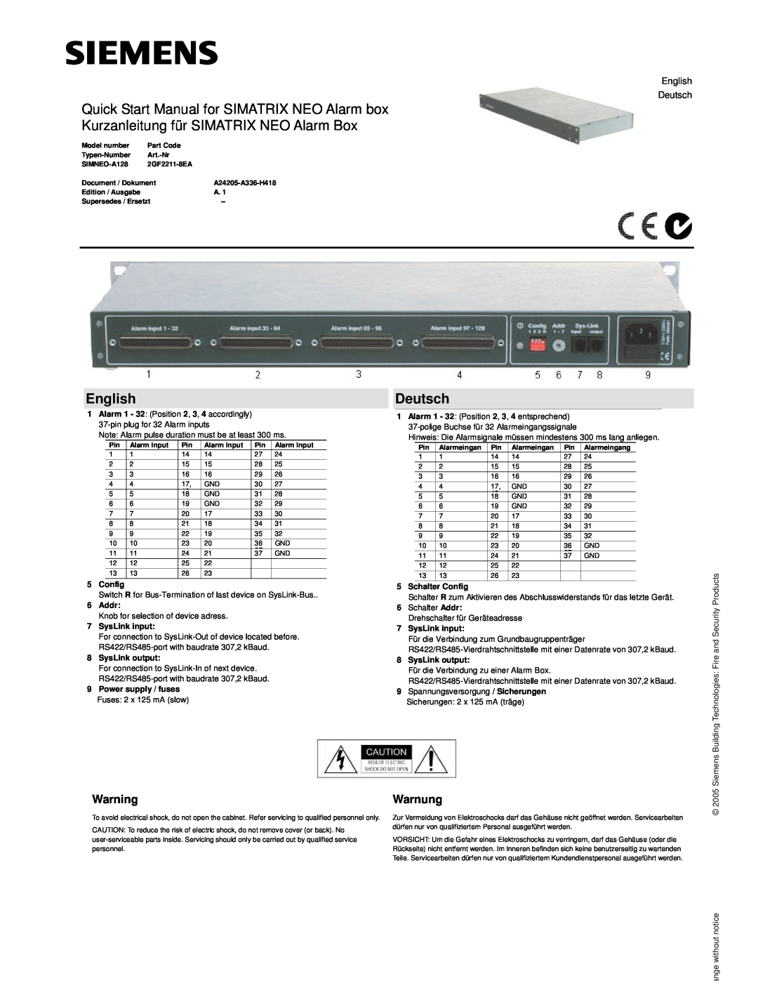 Siemens 2GF2211-8EA quick start manual Warnung, English Deutsch, Config, Addr, SysLink input, 8SysLink output 