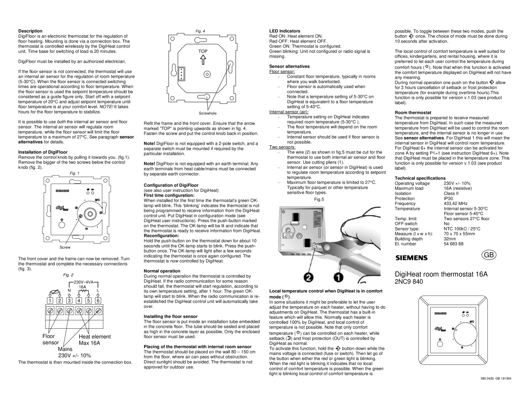 Siemens 2NC9 840 technical specifications Description, Installation of DigiFloor, Configuration of DigiFloor 