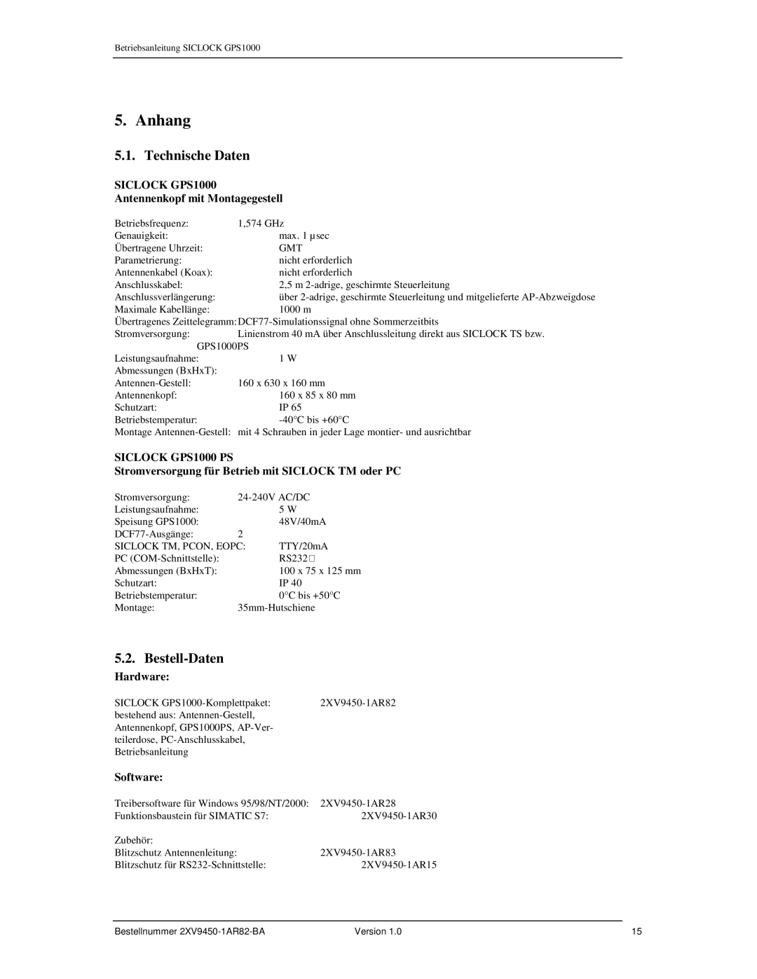 Siemens 2XV9450-1AR82 user manual Anhang, Technische Daten, Bestell-Daten 