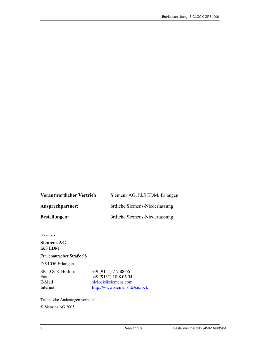 Siemens 2XV9450-1AR82 user manual Verantwortlicher Vertrieb, Ansprechpartner, Bestellungen, Siemens AG 